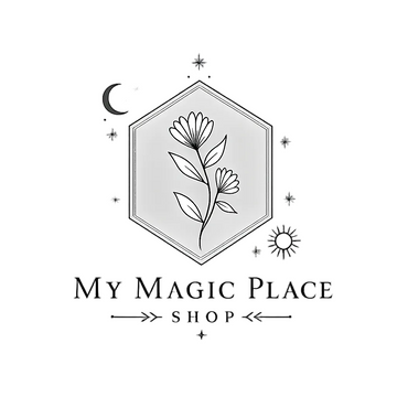 A black line art logo design featuring a hexagon with a flower illustration, surrounded by celestial elements like a crescent moon, stars, and a sun, with the text 'MY MAGIC PLACE SHOP' below on a white background.