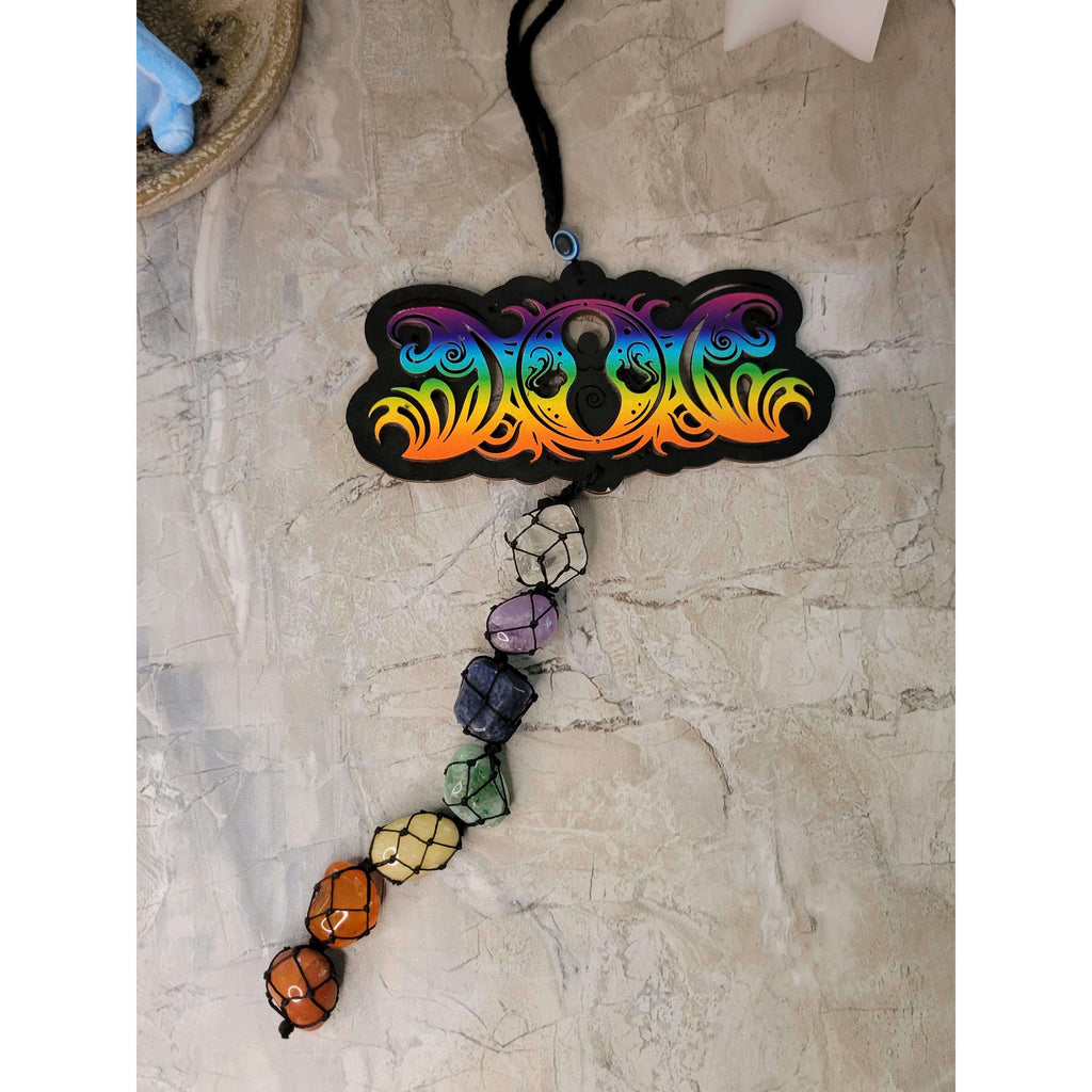 Tie Dye Wooden Goddess of Earth Triple Moon Wall/Car hanging w/ Chakra Tumble Stones -Crystals