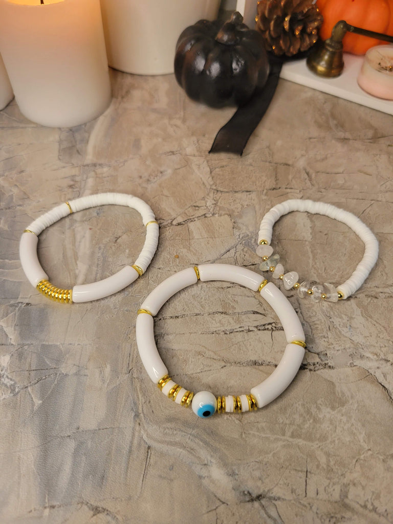 Chunky Tube Beads Bracelets Set of 3 , Evil Eye Beads Bracelets, Natural Quartz Crystal Chip Beads Reiki Bracelets - My Magic Place Shop
