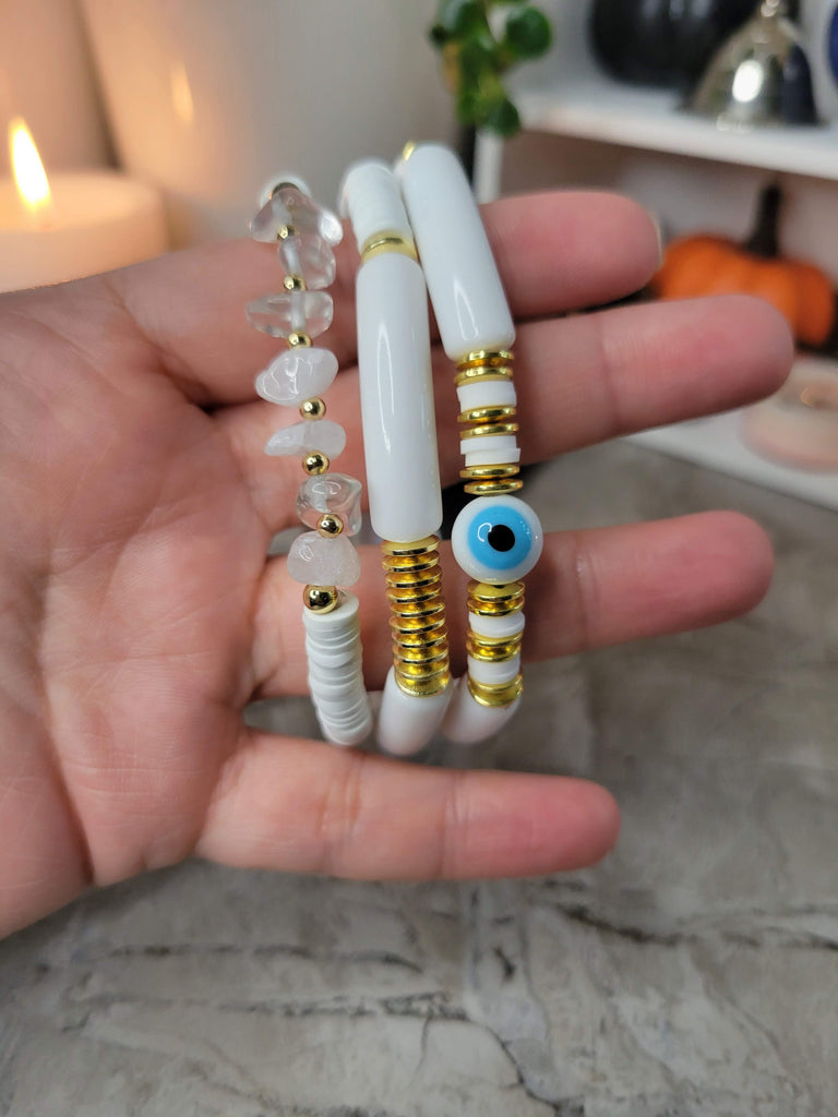 Chunky Tube Beads Bracelets Set of 3 , Evil Eye Beads Bracelets, Natural Quartz Crystal Chip Beads Reiki Bracelets - My Magic Place Shop