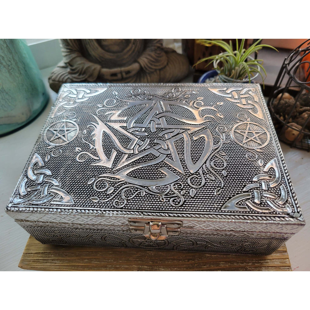 Pentagram carved metal over wood/ tarot box/ altar box -