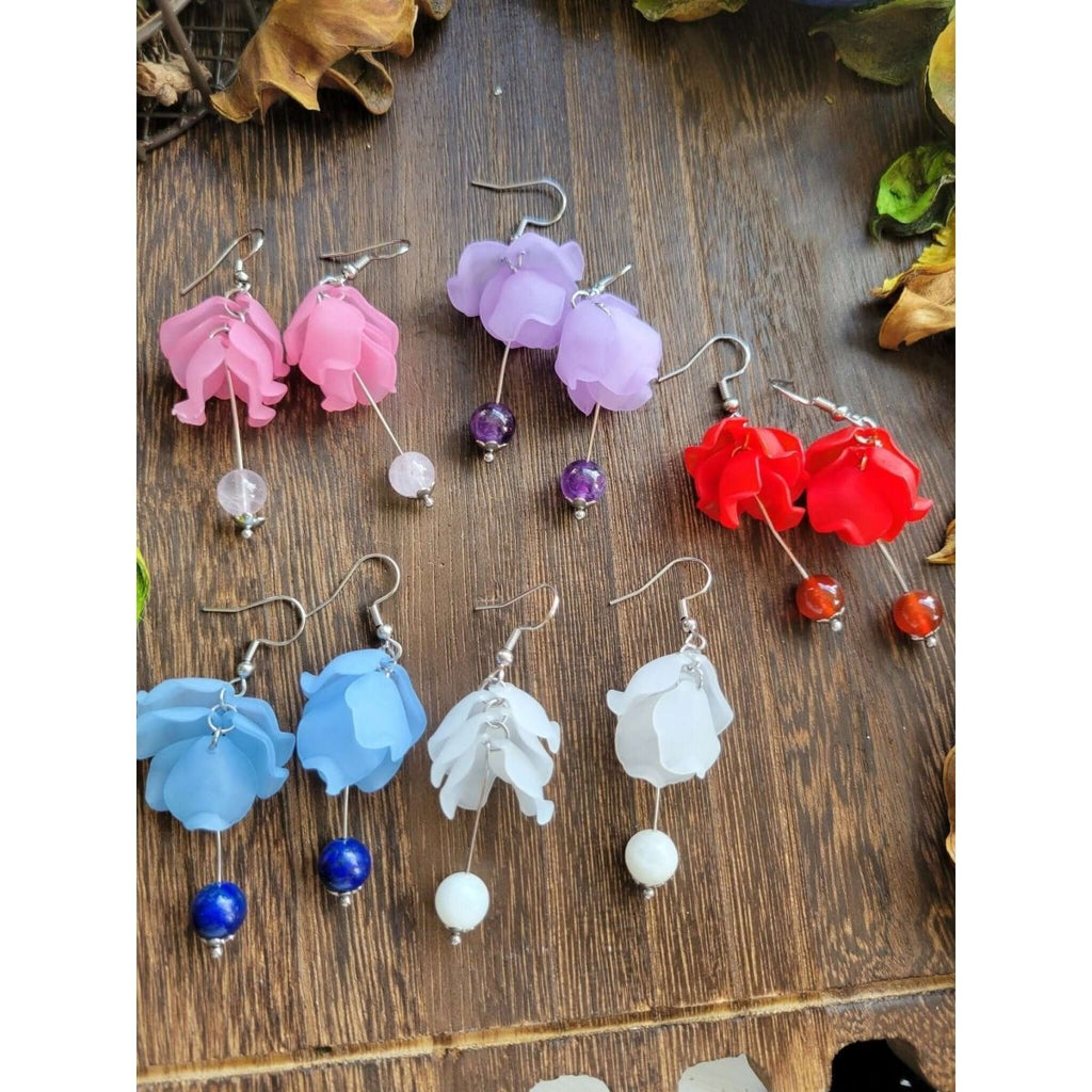 Acrylic Pendants and Natural Gemstone, Flower, Mixed Color, Crystal Earrings -Earrings