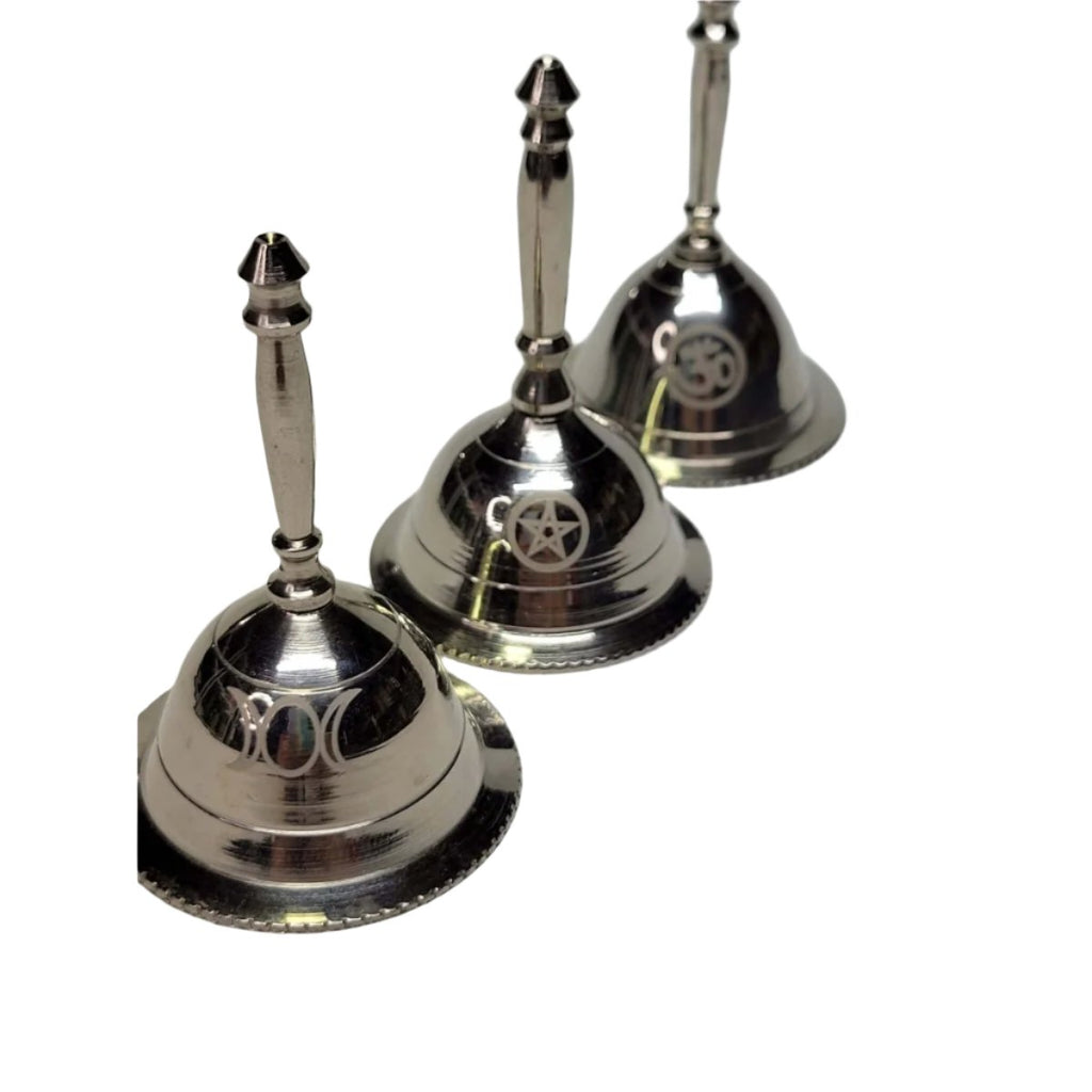 Altar Bells, Triple Moon, Pentacle OM bell, Witch Bell -Hand Bells & Chimes