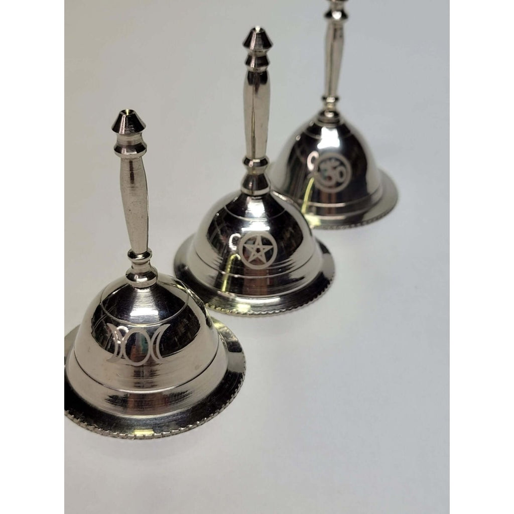 Altar Bells, Triple Moon, Pentacle OM bell, Witch Bell -Hand Bells & Chimes