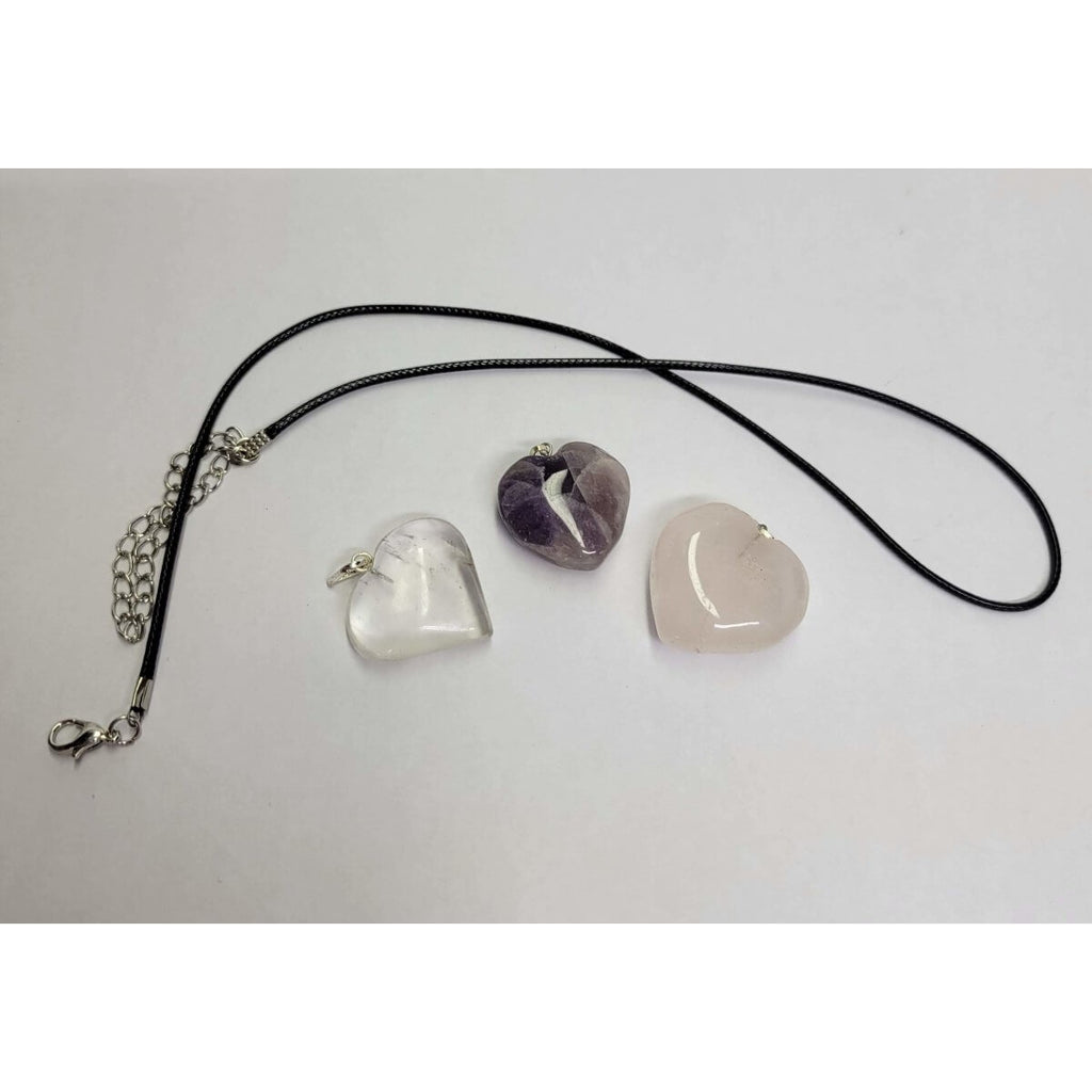 Amethyst / Clear Quartz Heart Shaped Crystal Pendant with Cord -Charms & Pendants