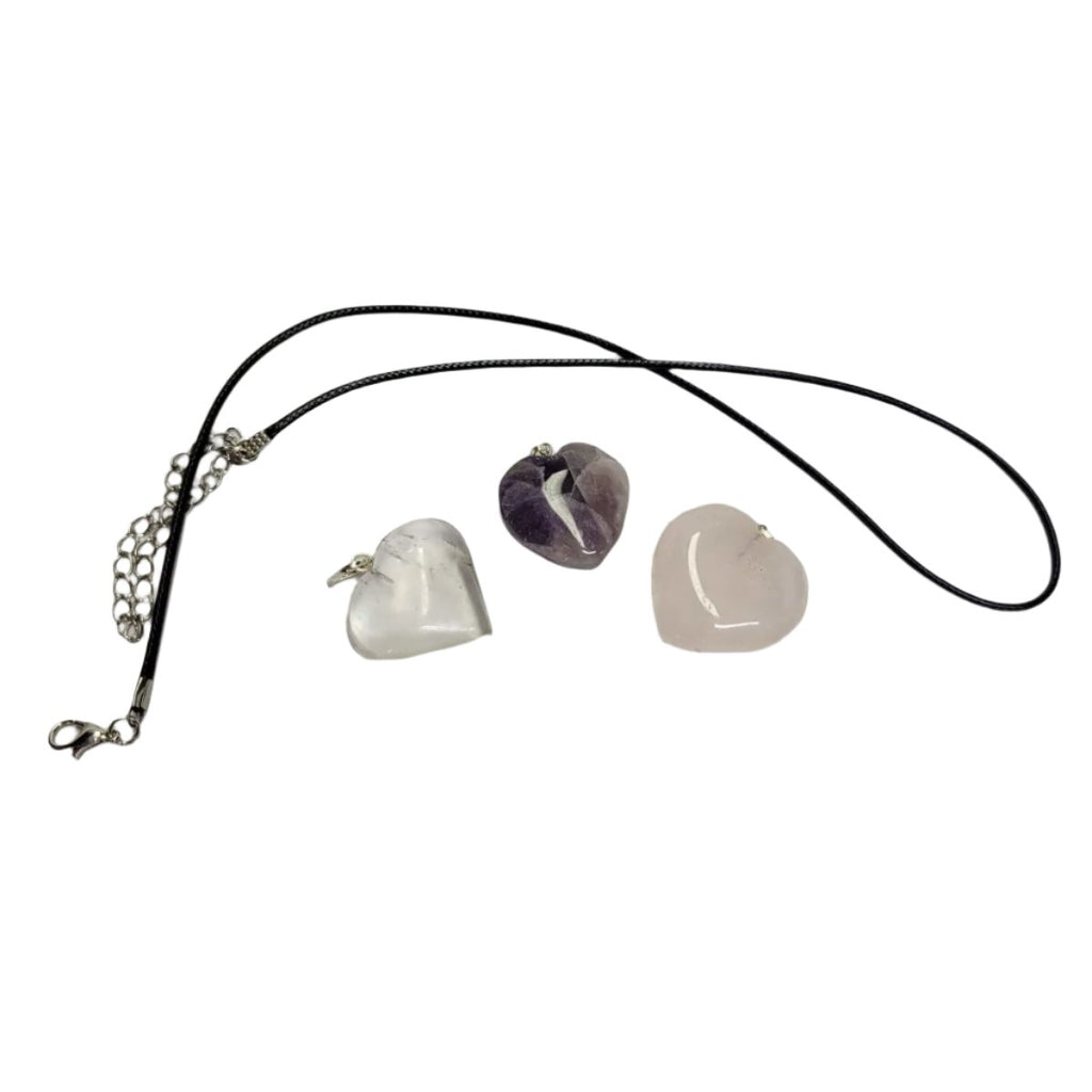 Amethyst / Clear Quartz Heart Shaped Crystal Pendant with Cord -Charms & Pendants