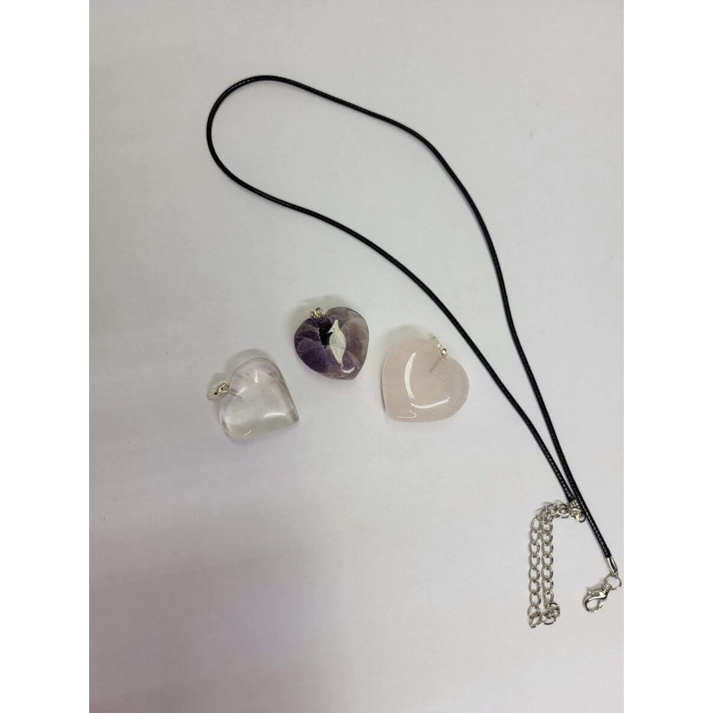 Amethyst / Clear Quartz Heart Shaped Crystal Pendant with Cord -Charms & Pendants
