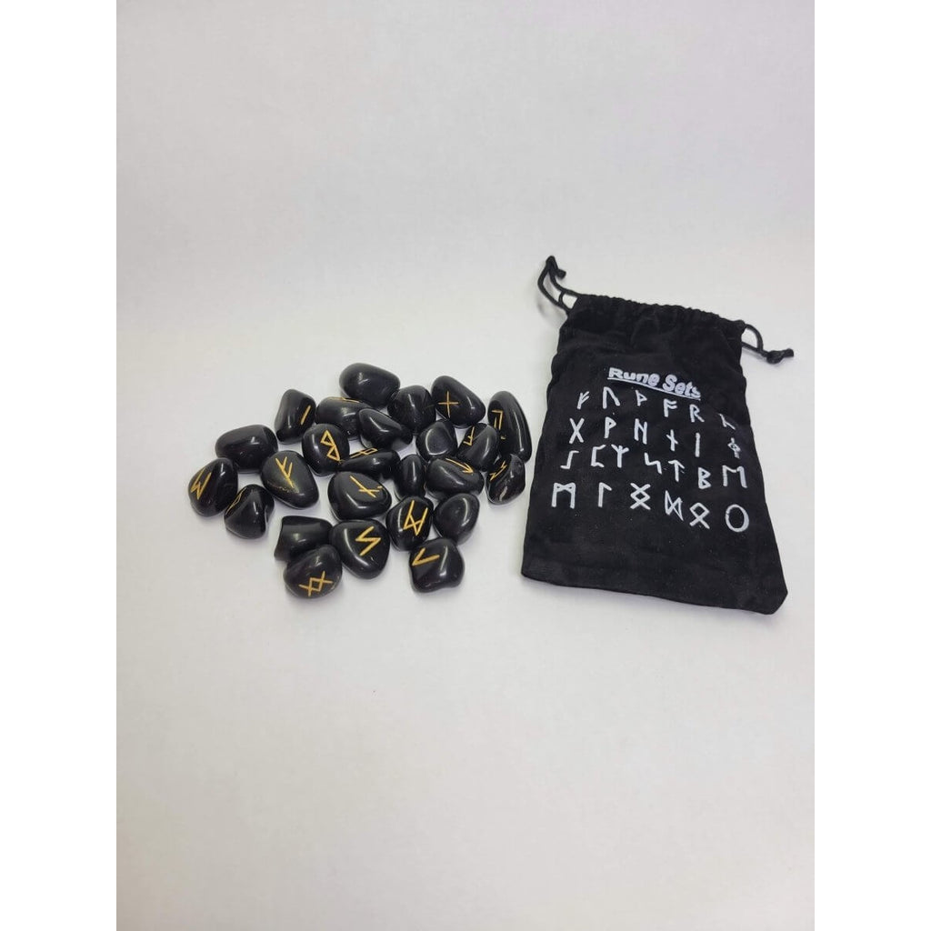 Black Agate Rune stone set with Black Pouch (25 stone set) -Crystals