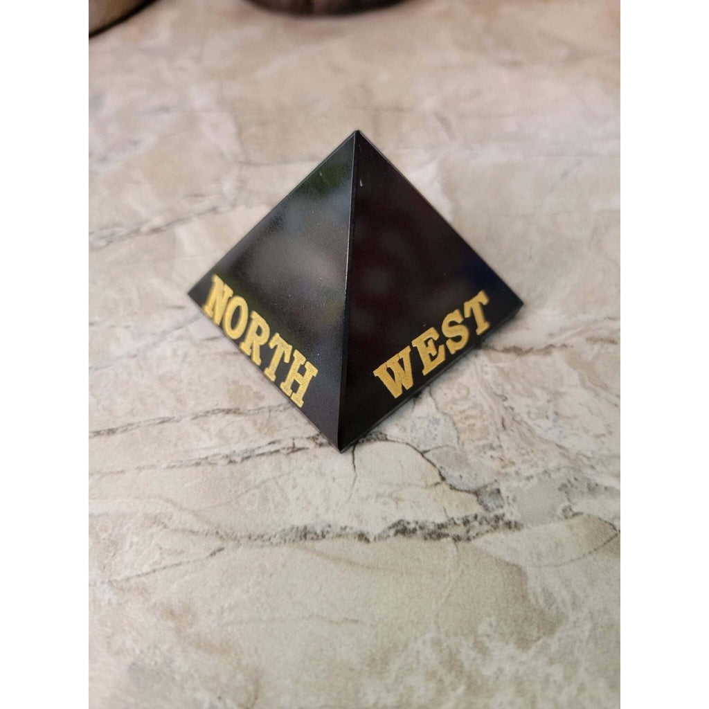 Black Agate, Selenite Engraved Crystal Directional Pyramid -Crystals