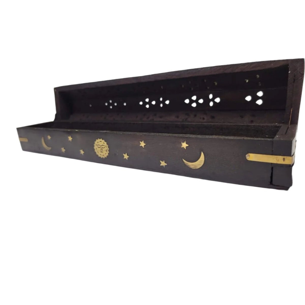 Black Celestial Wood Incense Box Burner 12"L/ Home Décor/ Incense Burner -Incense Holders