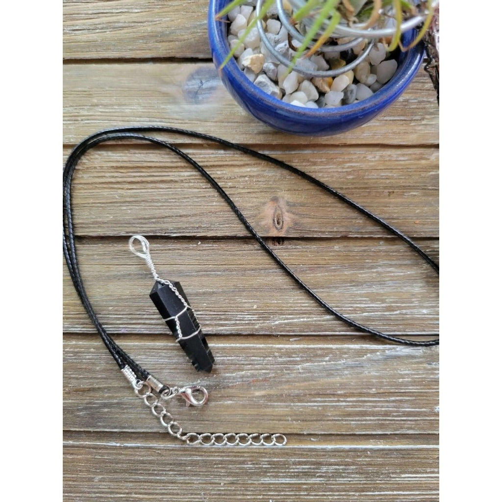 Black Obsidian Wire Wrapped Pendant with Cord/ Crystal Jewelry -Charms & Pendants