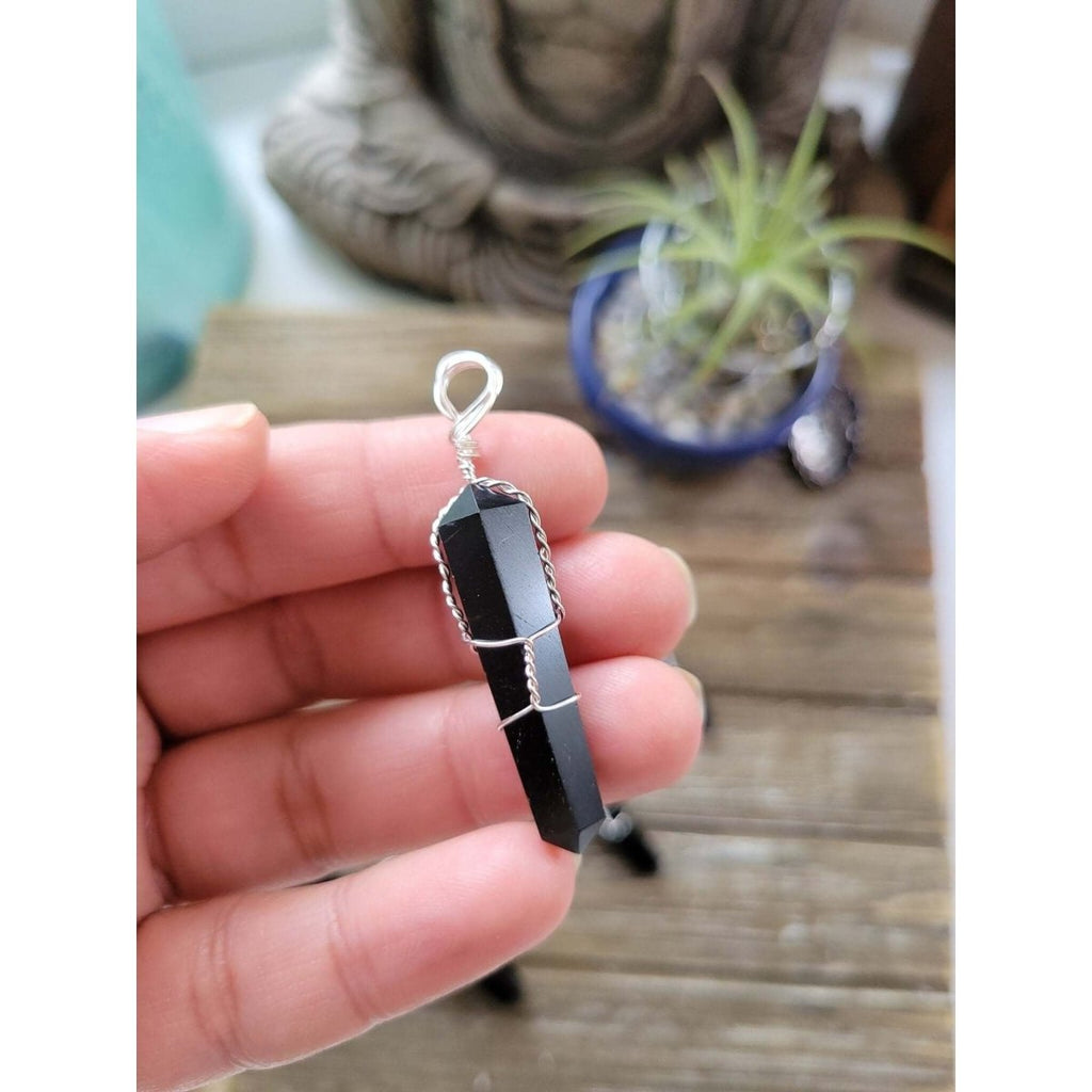 Black Obsidian Wire Wrapped Pendant with Cord/ Crystal Jewelry -Charms & Pendants