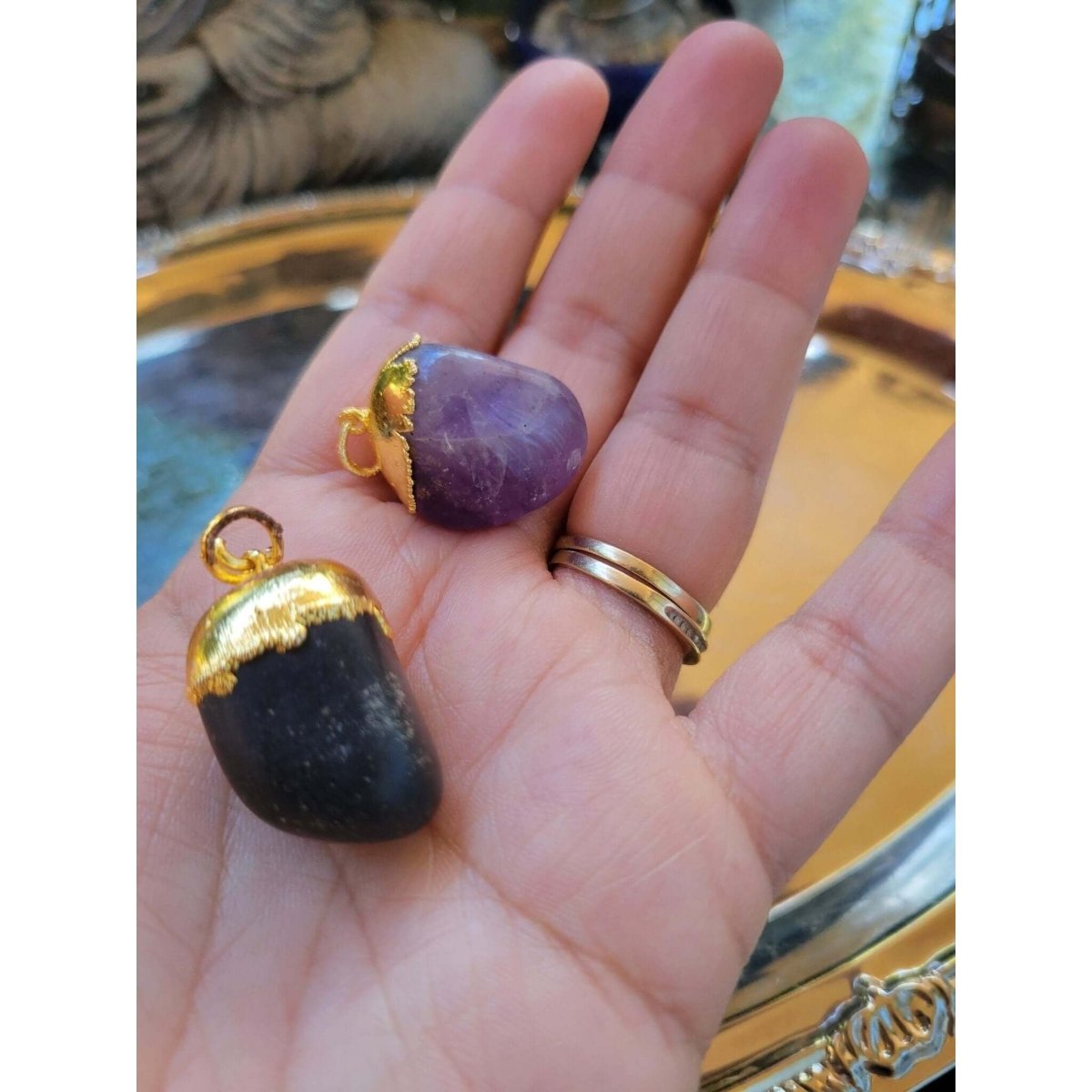 Black Tourmaline / Amethyst tumble stone cap pendant w/Cord/Protection Jewelry -Charms & Pendants