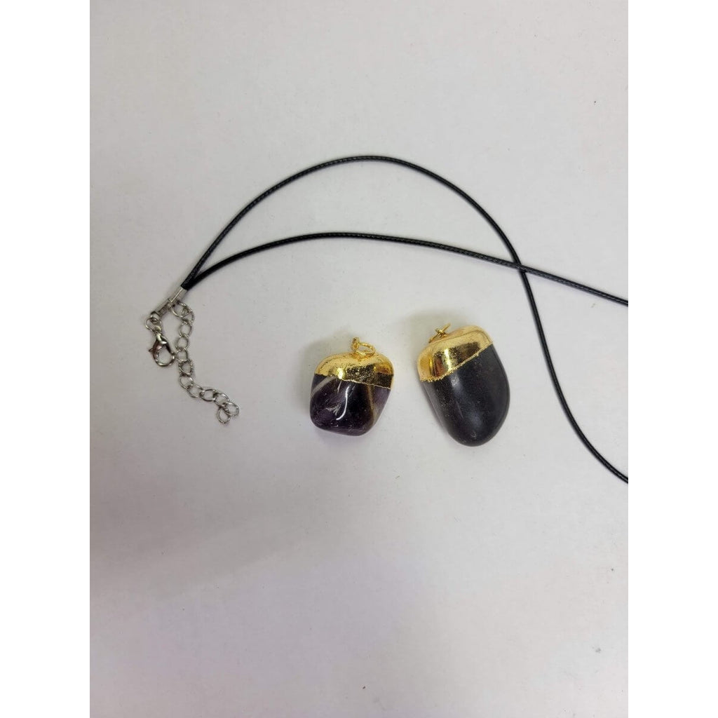Black Tourmaline / Amethyst tumble stone cap pendant w/Cord/Protection Jewelry -Charms & Pendants