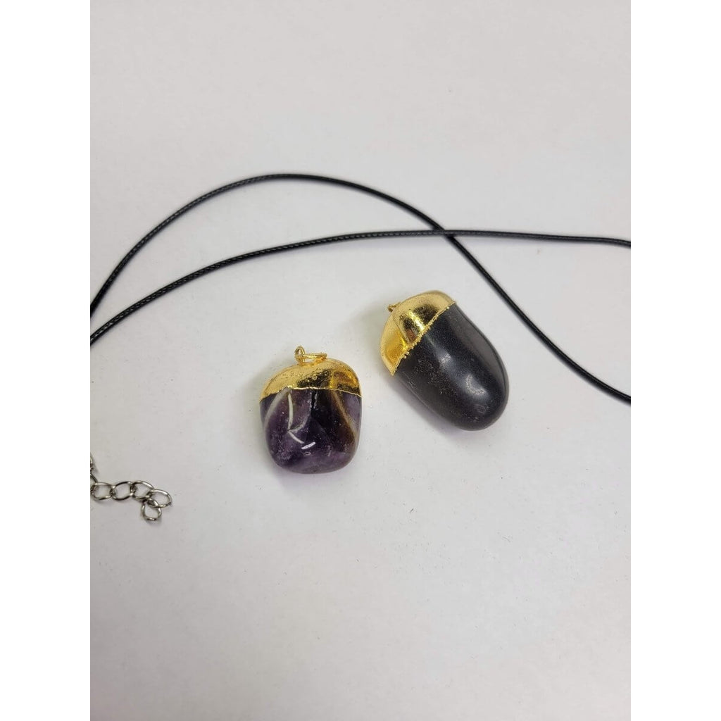 Black Tourmaline / Amethyst tumble stone cap pendant w/Cord/Protection Jewelry -Charms & Pendants