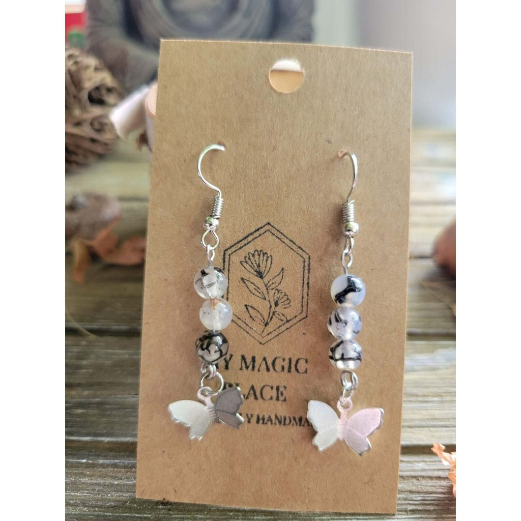 Butterfly Charms Crystal Earrings ,Stacked Stone Drop Earrings |Charm and Crystal Earrings -