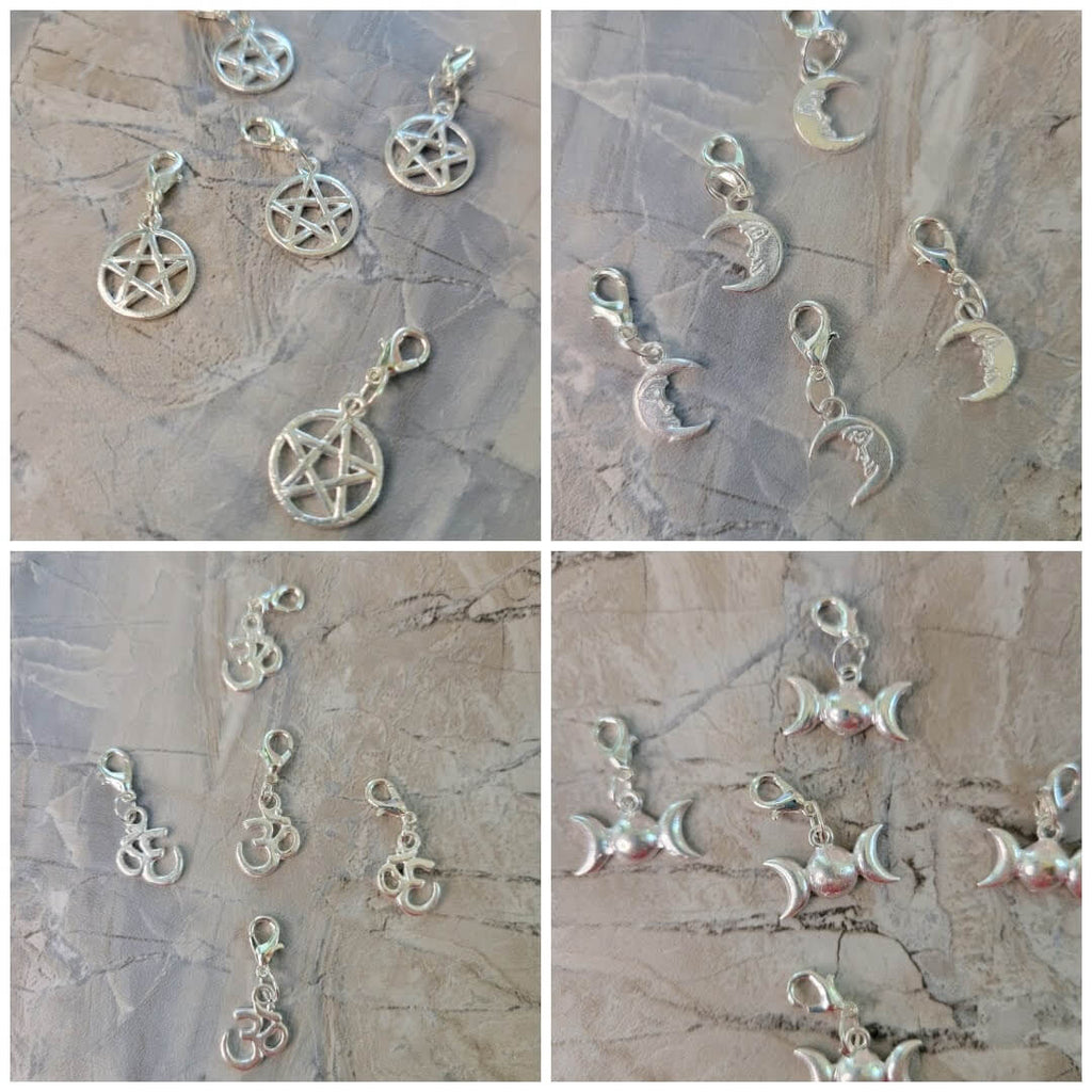 Charm Triple Moon , Pentacle, Om ,Crescent Moon with Lobster Claw Clasps 5 Pendants Set -Charms & Pendants