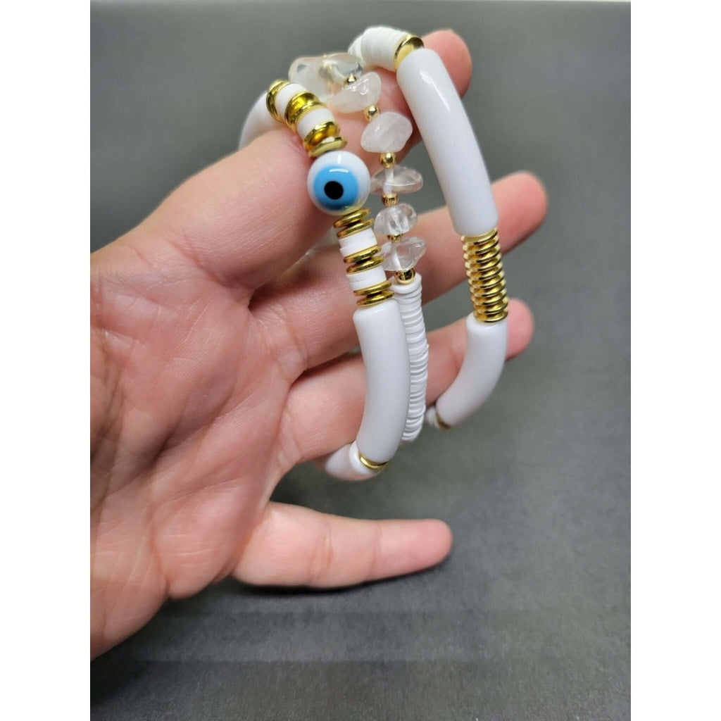 Chunky Tube Beads Bracelets Set of 3 , Evil Eye Beads Bracelets, Natural Quartz Crystal Chip Beads Reiki Bracelets -Bracelets
