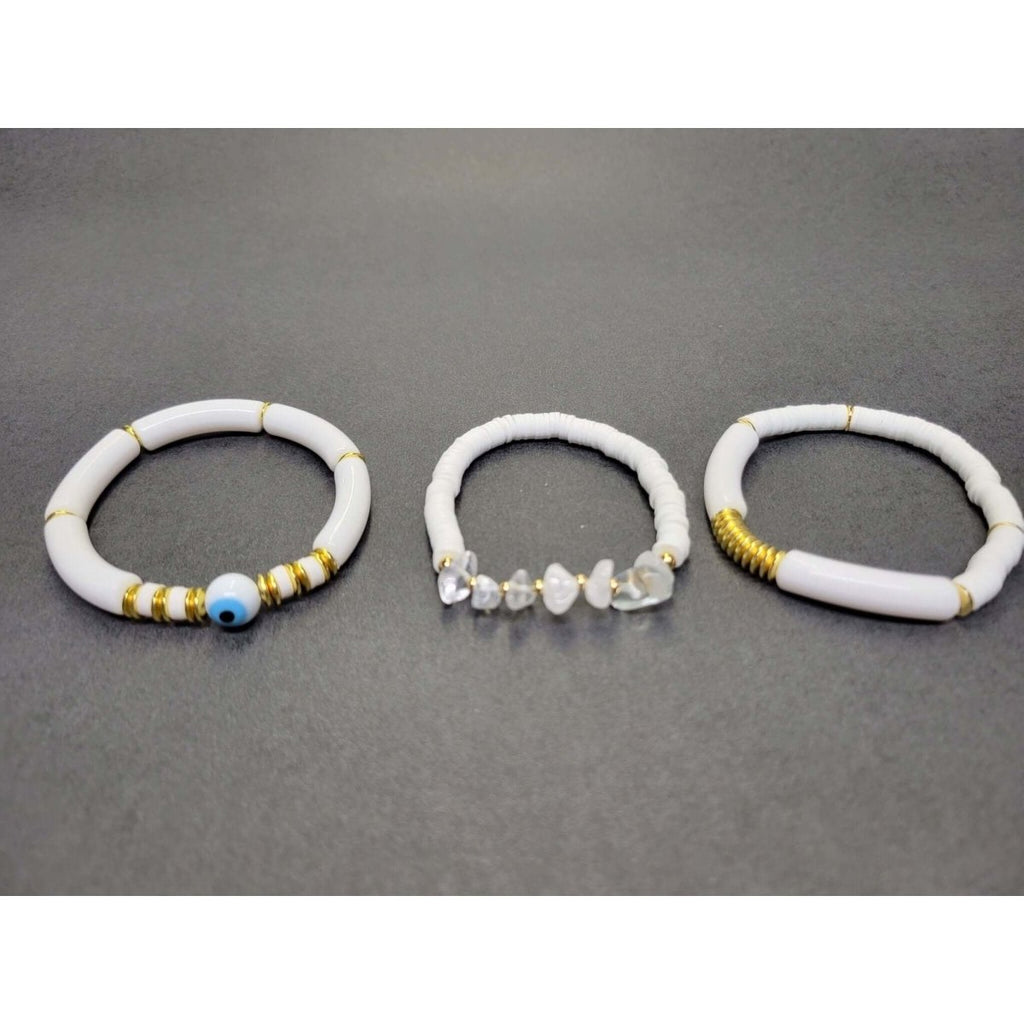 Chunky Tube Beads Bracelets Set of 3 , Evil Eye Beads Bracelets, Natural Quartz Crystal Chip Beads Reiki Bracelets -Bracelets