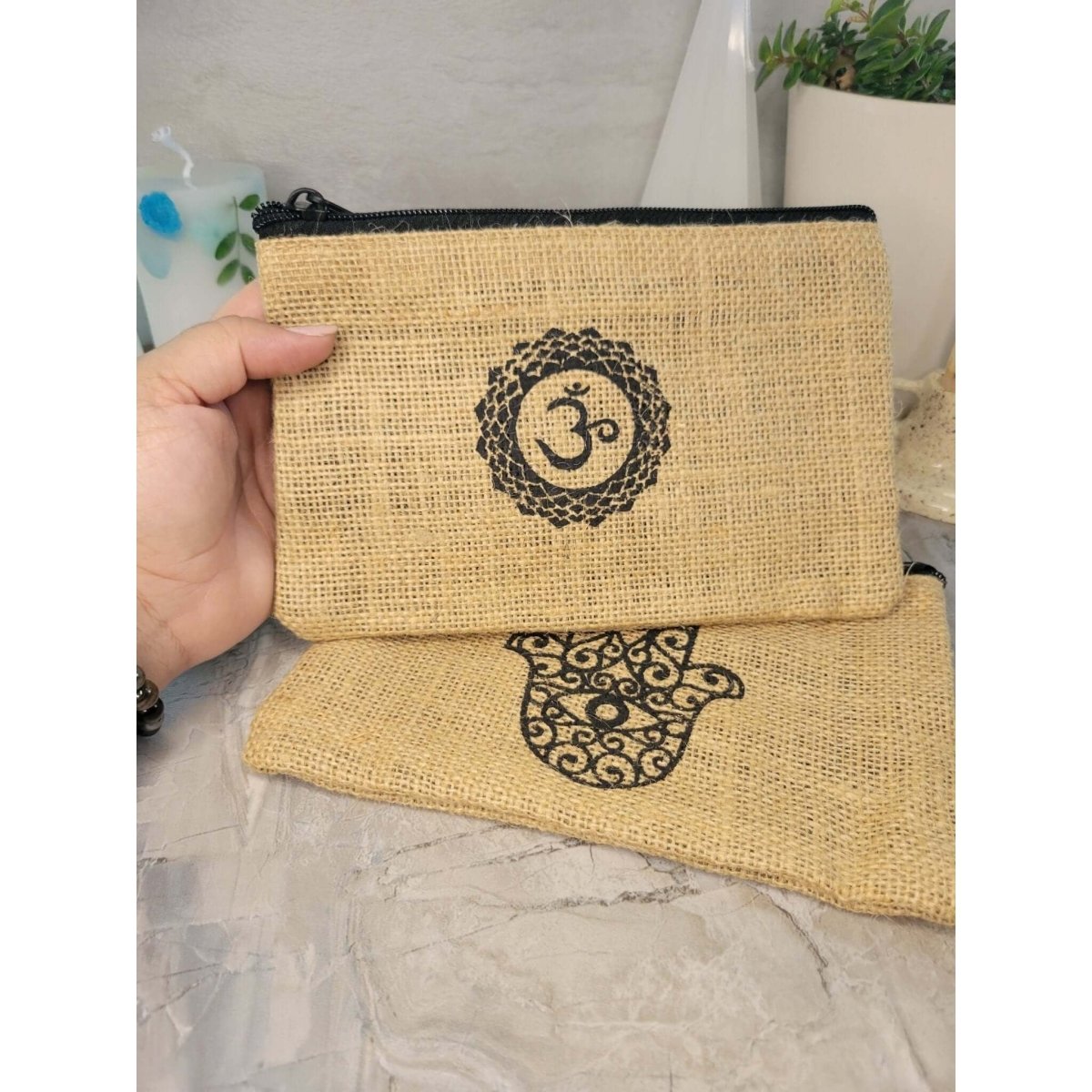 Cotton Jute Pouch, Hand of Fatima , Om Flower of Life Design -Decor