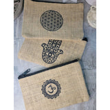 Cotton Jute Pouch, Hand of Fatima , Om Flower of Life Design -Decor
