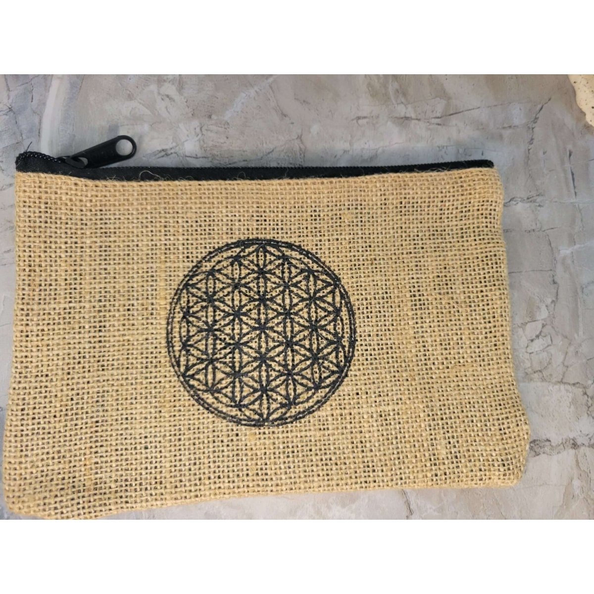 Cotton Jute Pouch, Hand of Fatima , Om Flower of Life Design -Decor