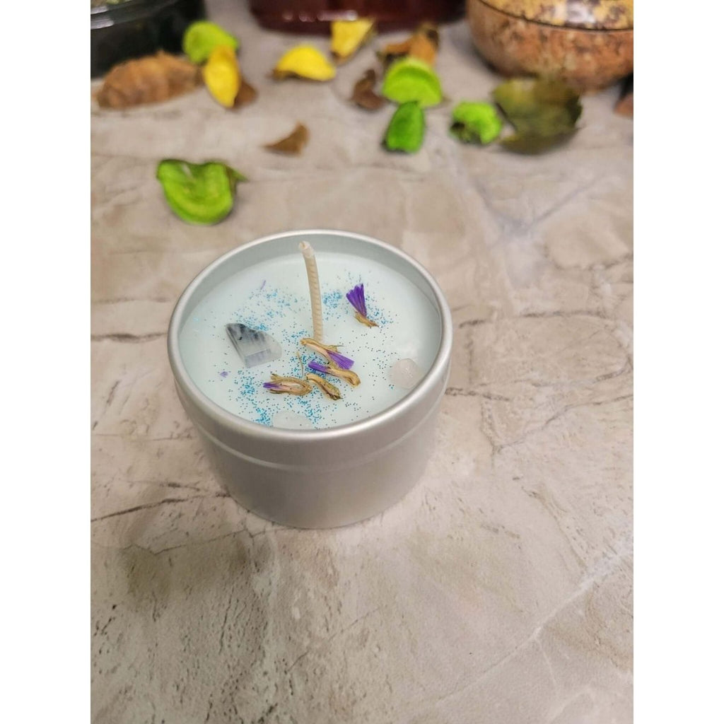 Crystal Candles - Healing/ Intentions Candle/- Flowers 2oz / Candle - Handmade with Crystals & Herbs/ Tin Jar -