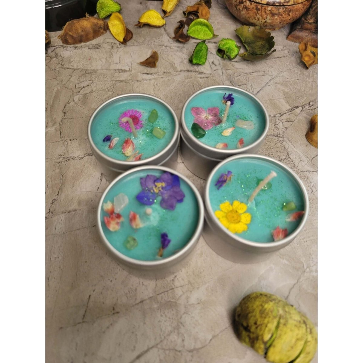 Crystal Candles - Healing/ Intentions Candle/- Flowers 2oz / Candle - Handmade with Crystals & Herbs/ Tin Jar -