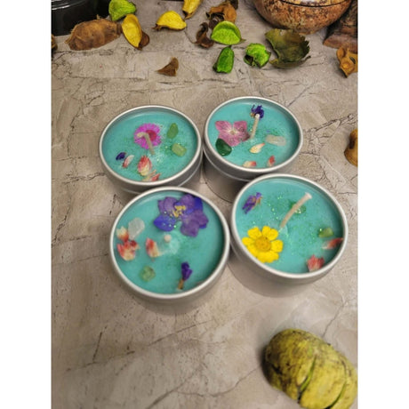 Crystal Candles - Healing/ Intentions Candle/- Flowers 2oz / Candle - Handmade with Crystals & Herbs/ Tin Jar -