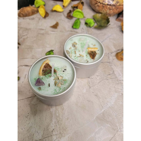 Crystal Candles - Healing/ Intentions Candle/- Flowers 2oz / Candle - Handmade with Crystals & Herbs/ Tin Jar -