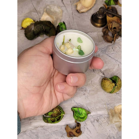 Crystal Candles - Healing/ Intentions Candle/- Flowers 2oz / Candle - Handmade with Crystals & Herbs/ Tin Jar -