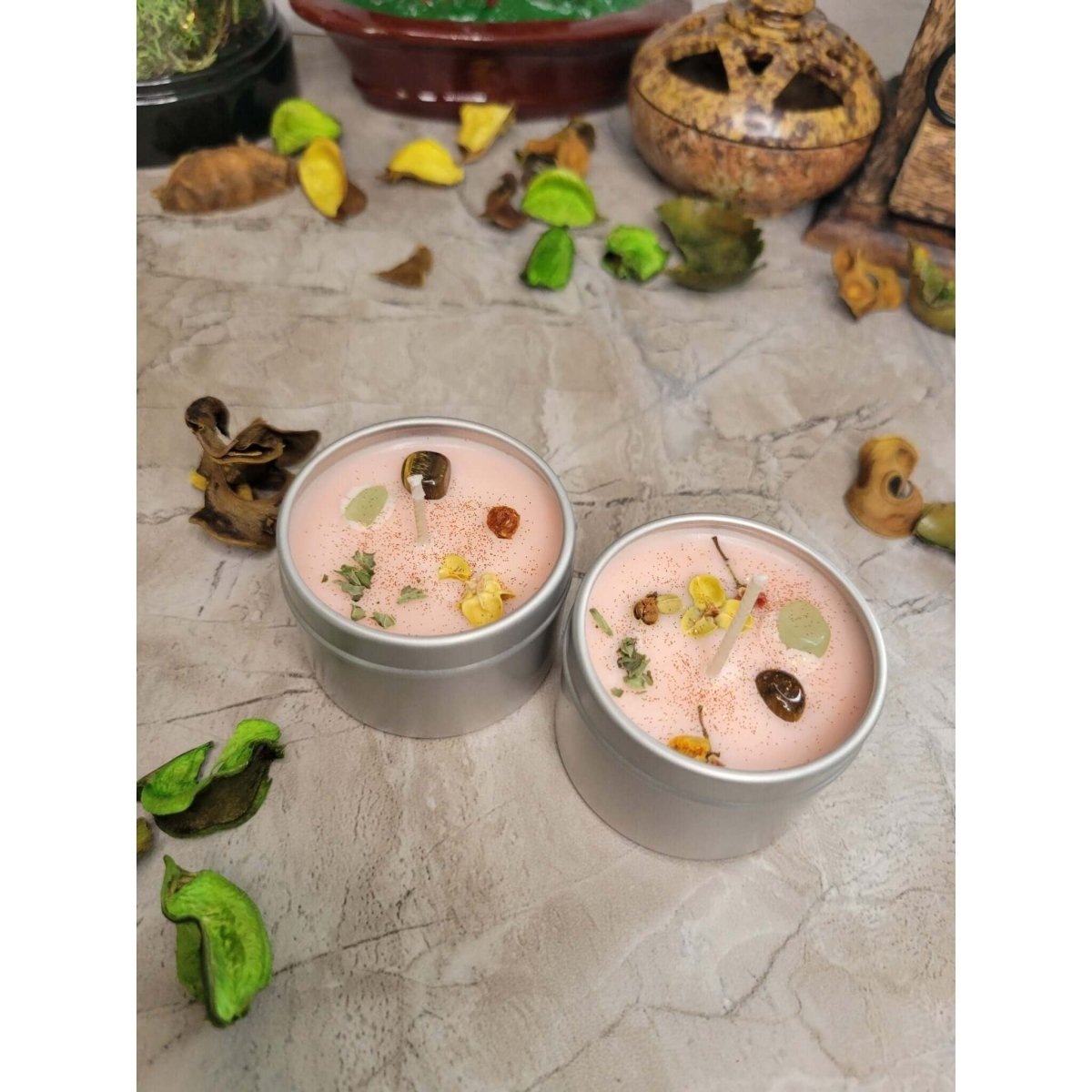 Crystal Candles - Healing/ Intentions Candle/- Flowers 2oz / Candle - Handmade with Crystals & Herbs/ Tin Jar -