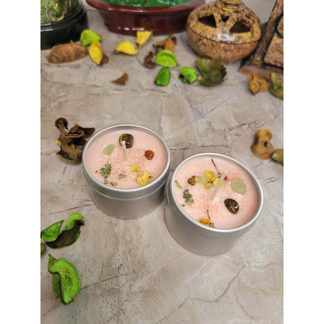 Crystal Candles - Healing/ Intentions Candle/- Flowers 2oz / Candle - Handmade with Crystals & Herbs/ Tin Jar -