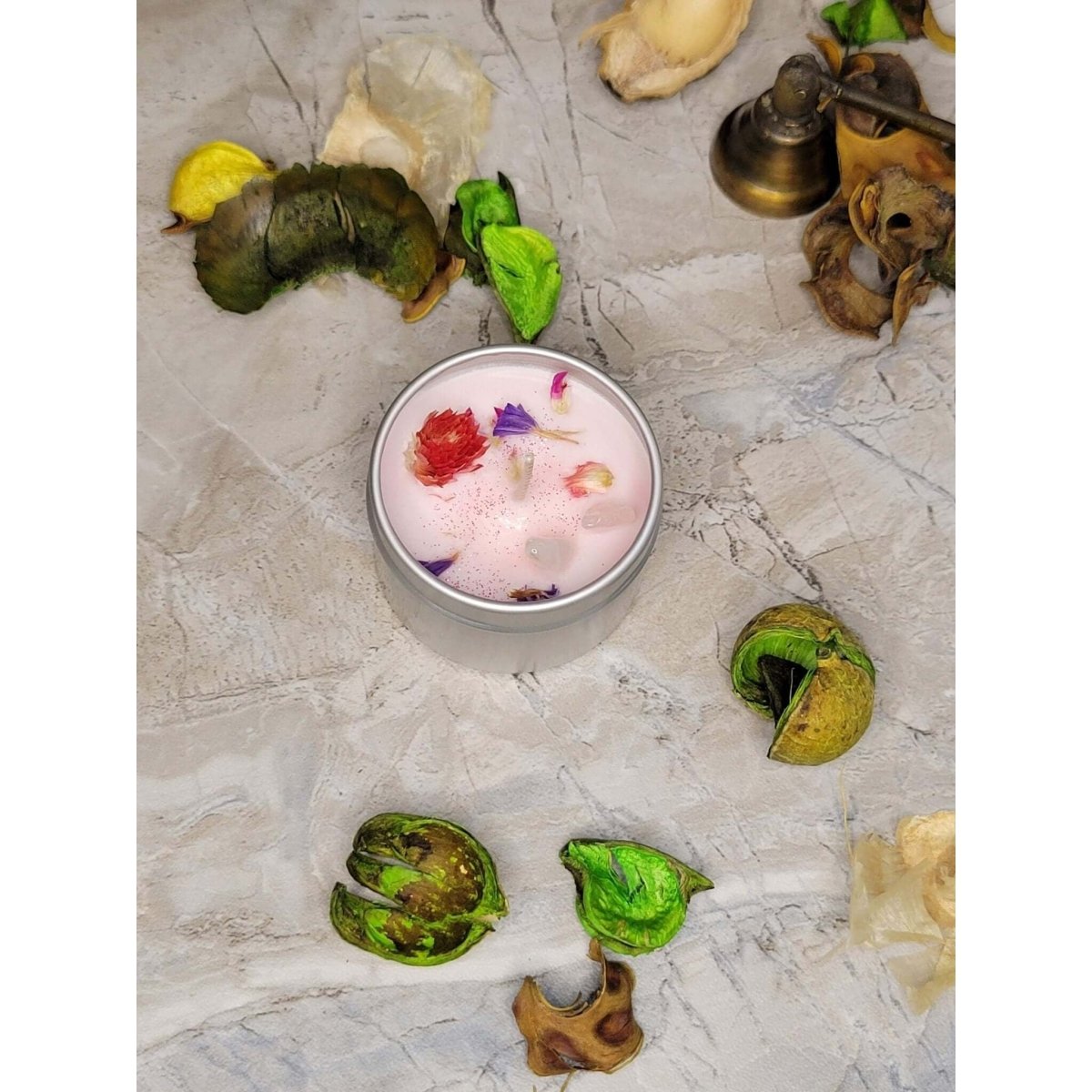 Crystal Candles - Healing/ Intentions Candle/- Flowers 2oz / Candle - Handmade with Crystals & Herbs/ Tin Jar -