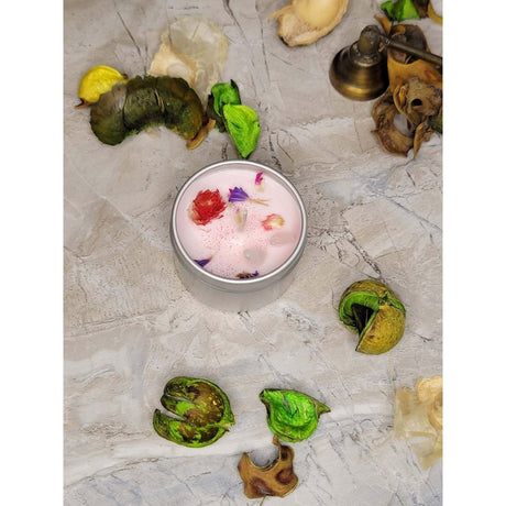 Crystal Candles - Healing/ Intentions Candle/- Flowers 2oz / Candle - Handmade with Crystals & Herbs/ Tin Jar -