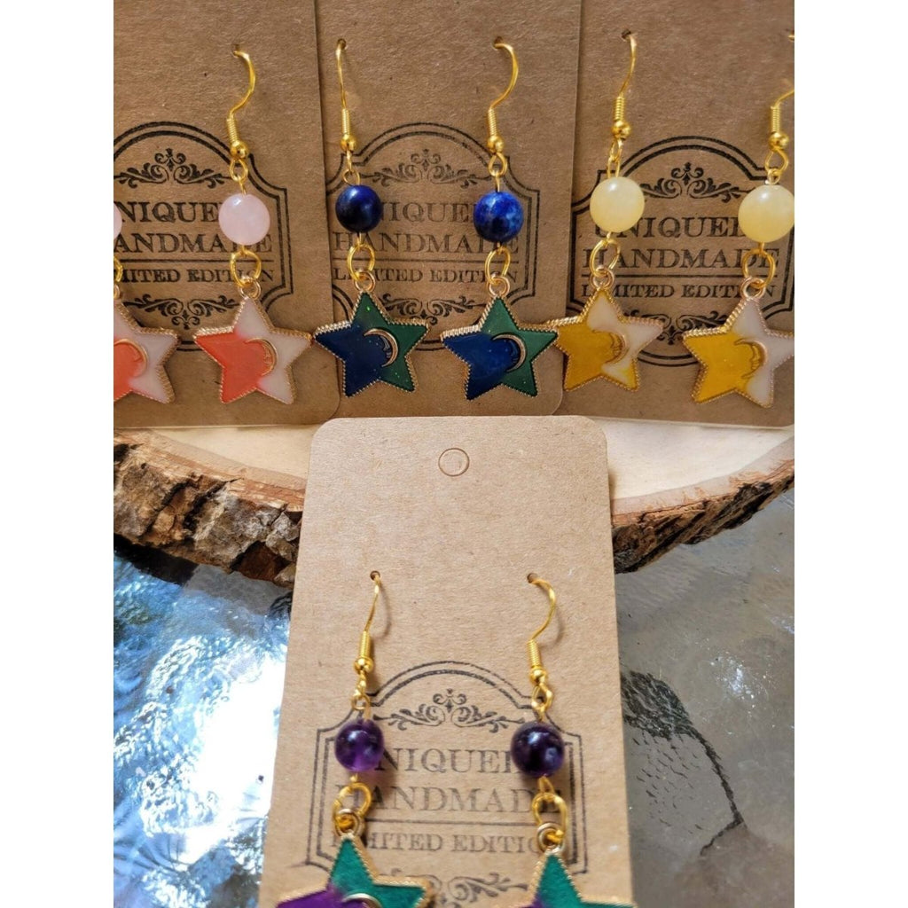 Crystal Earrings ,Stacked Stone Drop Earrings |Charm and Crystal Earrings ,Witch Jewelry, Healing Crystal Energy, Star Charm Earrings -