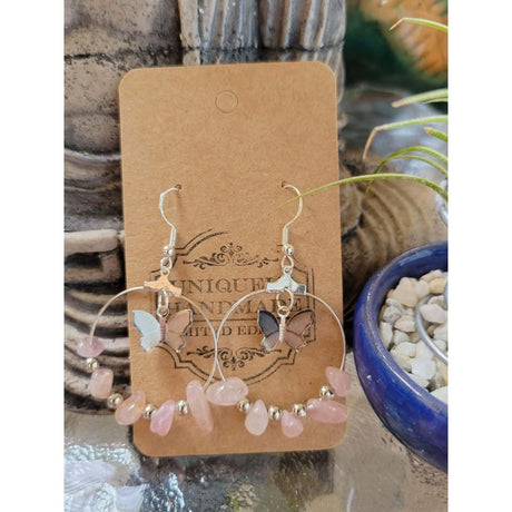 Crystal Earrings ,Stone Earrings with Butterfly | Bohemian Style Hoop Earrings , Jewelry, Healing Crystal Energy -