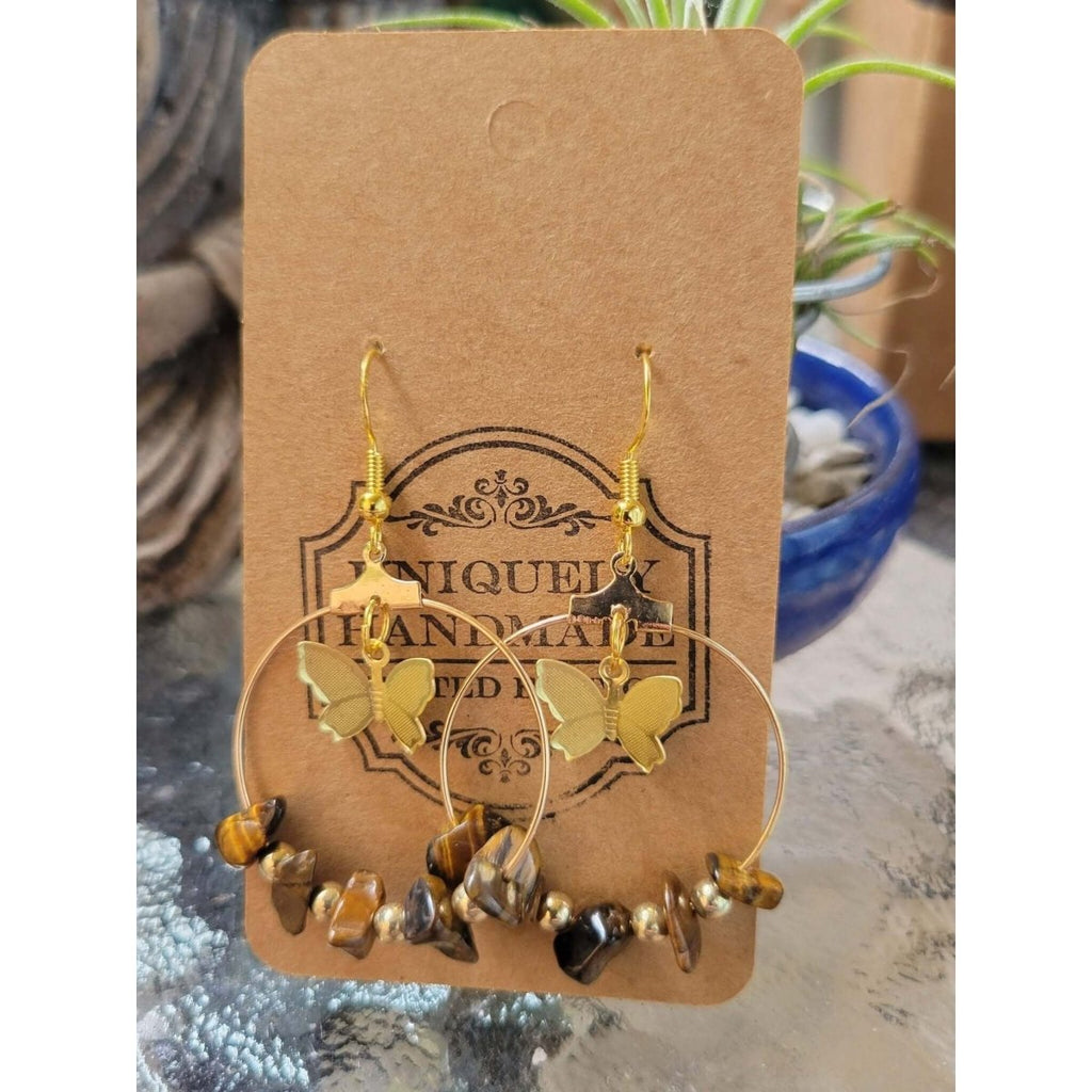 Crystal Earrings ,Stone Earrings with Butterfly | Bohemian Style Hoop Earrings , Jewelry, Healing Crystal Energy -
