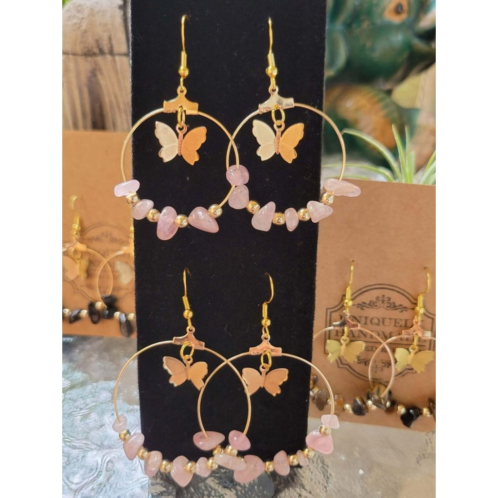 Crystal Earrings ,Stone Earrings with Butterfly | Bohemian Style Hoop Earrings , Jewelry, Healing Crystal Energy -