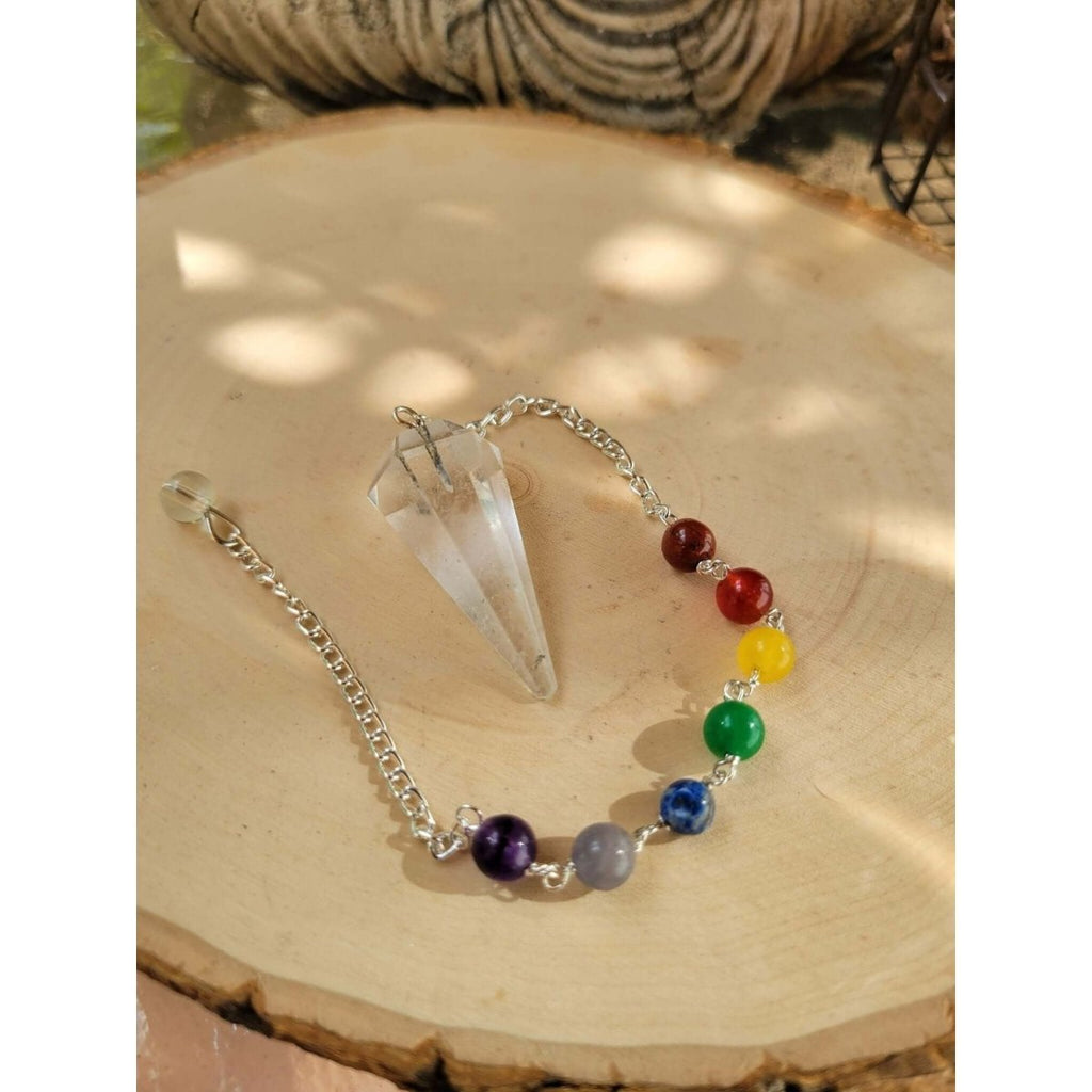 Crystal Quartz Pendulum with 7 Chakras Stones in the Chain -