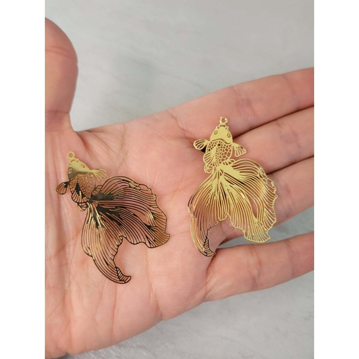 Etched Metal Goldfish, Light Gold Color , 2 Charms -Charms & Pendants