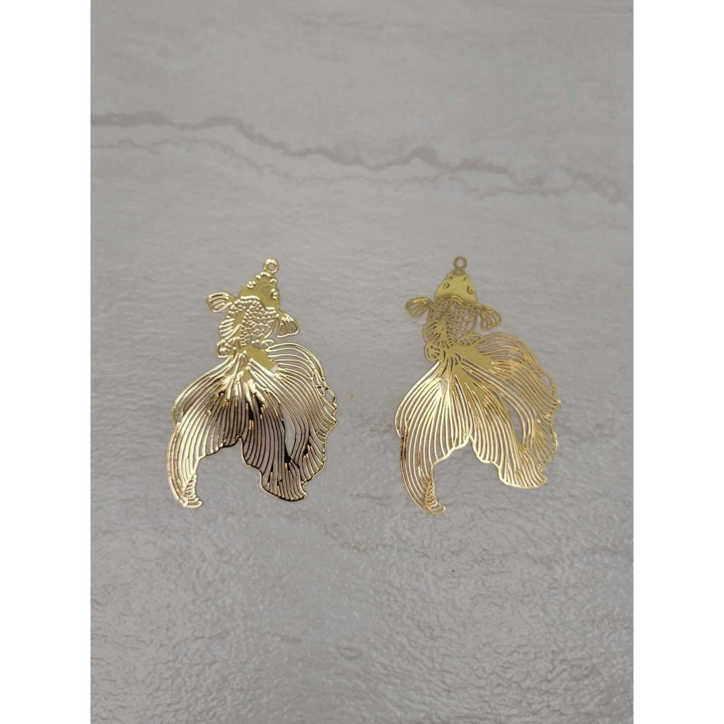 Etched Metal Goldfish, Light Gold Color , 2 Charms -Charms & Pendants