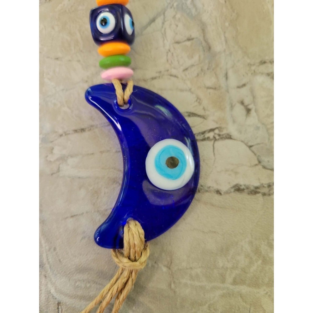 Evil Eye Talisman Hemp Rope w/ Beads Crescent Moon -Decor