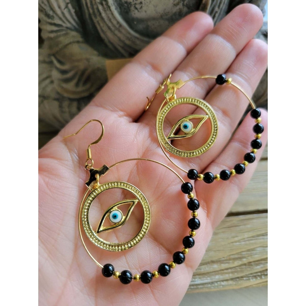 Evil Eye with Onyx beads, Witch Earrings -Earrings