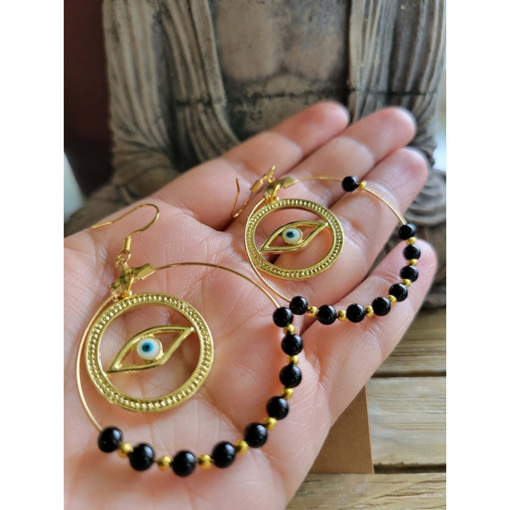 Evil Eye with Onyx beads, Witch Earrings -Earrings