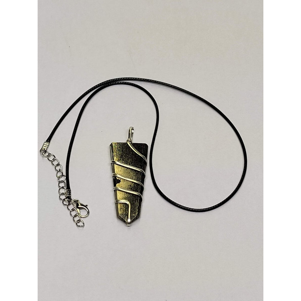 Flat Wire wrapped pendant Pyrite with Cord -Charms & Pendants