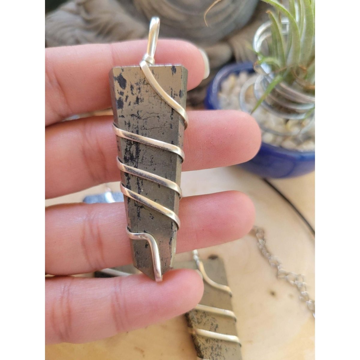 Flat Wire wrapped pendant Pyrite with Cord -Charms & Pendants