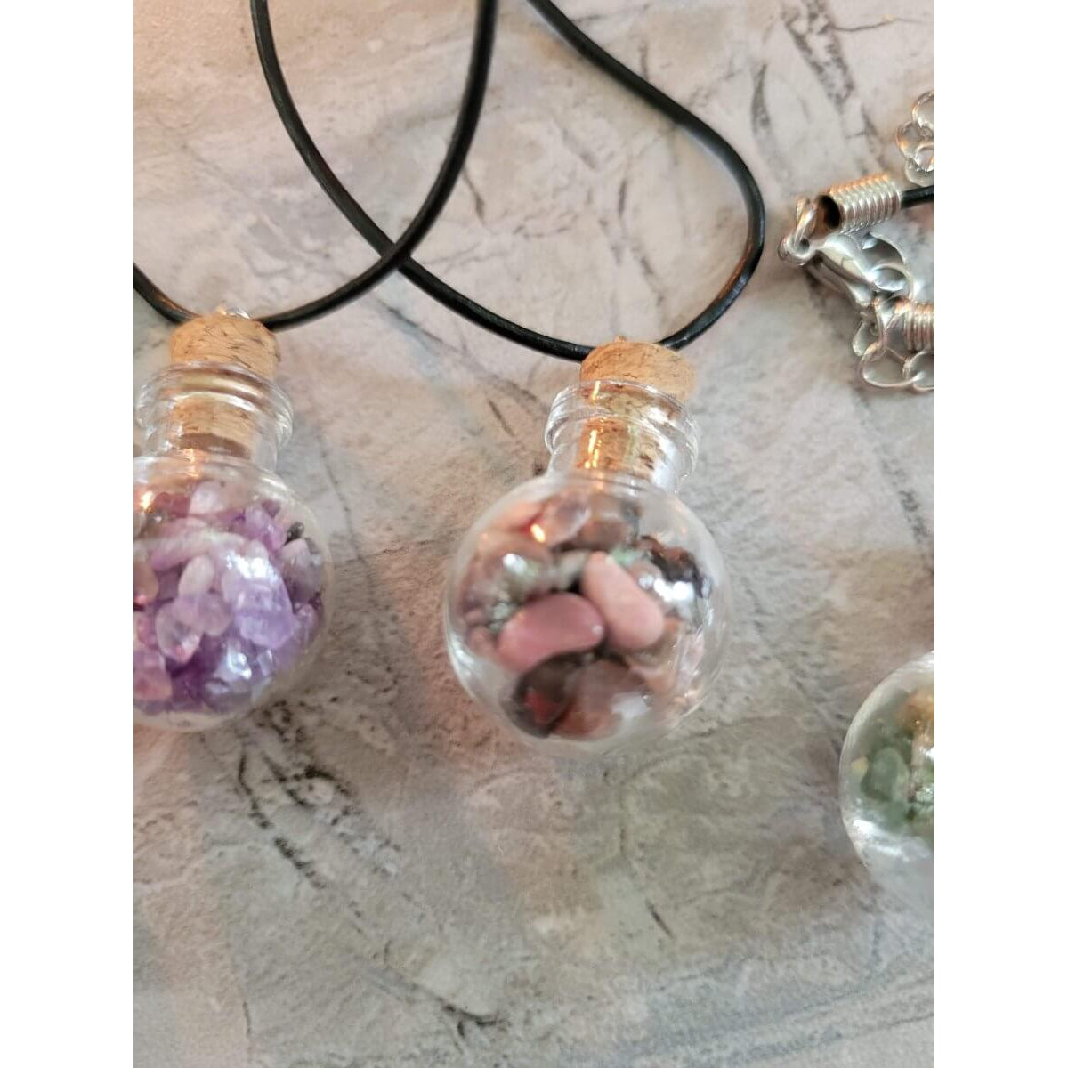 Glass Wishing Bottle Leather Cord Pendant Necklaces, with Natural Gemstone Chip Beads -