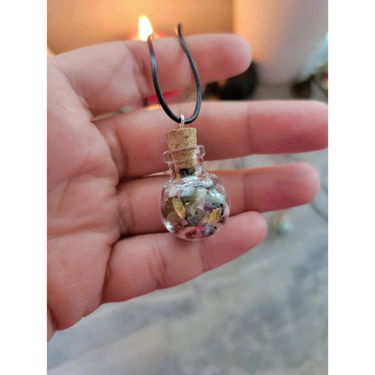 Glass Wishing Bottle Leather Cord Pendant Necklaces, with Natural Gemstone Chip Beads -