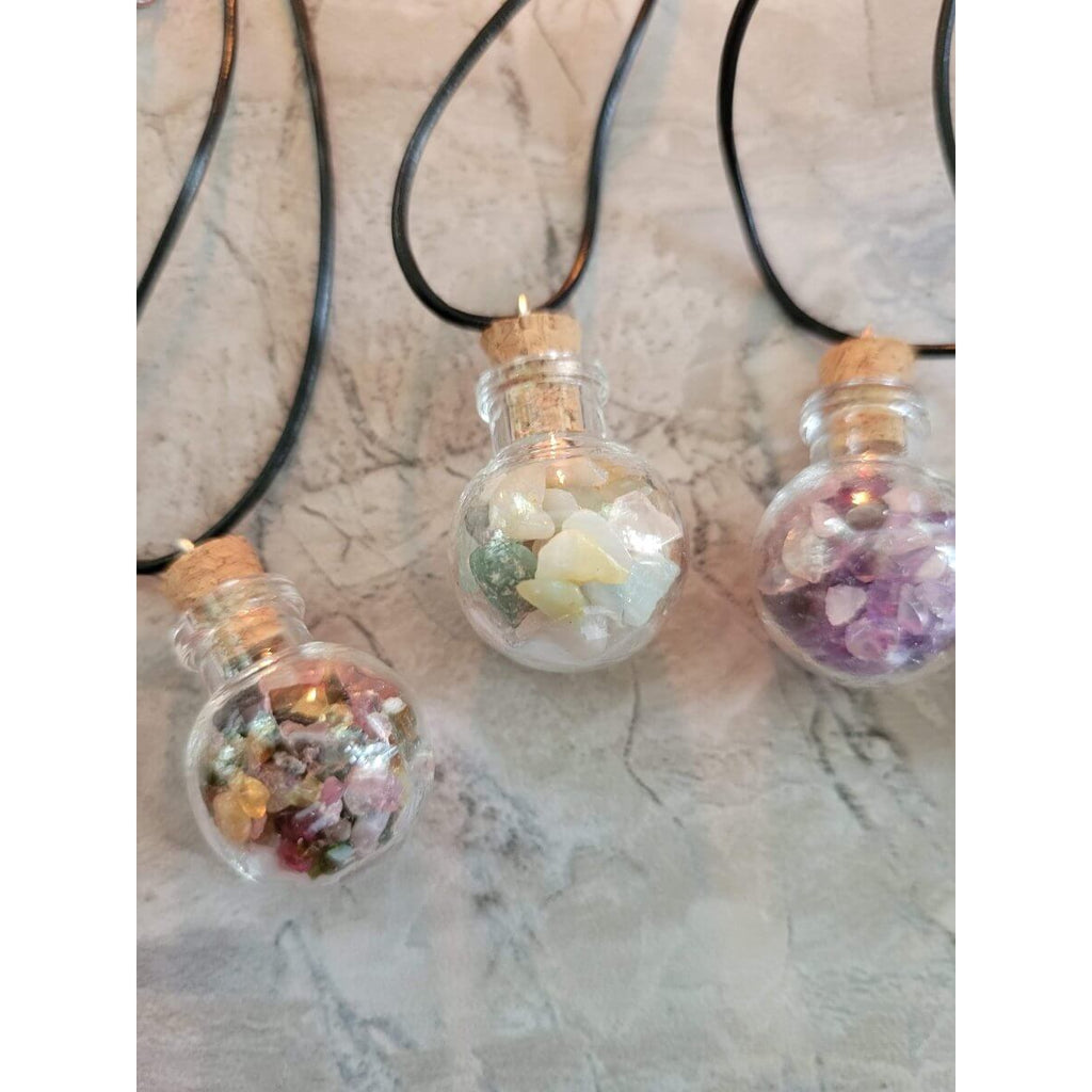 Glass Wishing Bottle Leather Cord Pendant Necklaces, with Natural Gemstone Chip Beads -